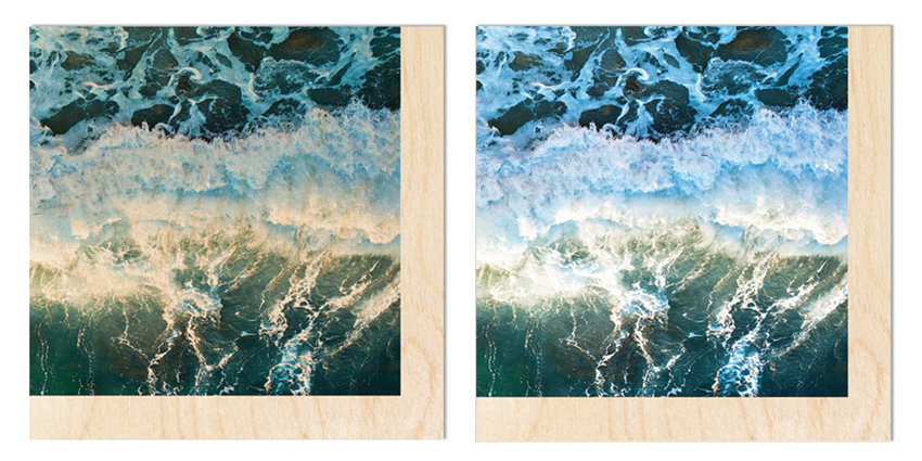 Un paesaggio marino è stato stampato direttamente su legno con qualità fotografica e risoluzione altissima grazie alla nostra stampante EPSON V7000. Qui abbiamo un confronto fra una stampa diretta su legno con bianco coprente e un'altra del medesimo soggetto col bianco disabilitato in modo da poter fare trasparire il legno sottostante.