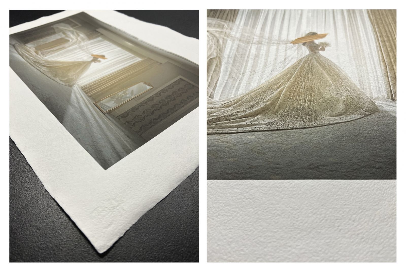 E' possibile stampare carte artigianali anche senza emulsione grazie alla nostra stampante diretta a pigmenti UV. Le stampe che possiamo vedere nella foto pur avendo un'ottima risoluzione hanno mantenuto inalterata la bellissima texture della carta prodotta a mano dalla cartiera Fratelli Magnani Pescia.