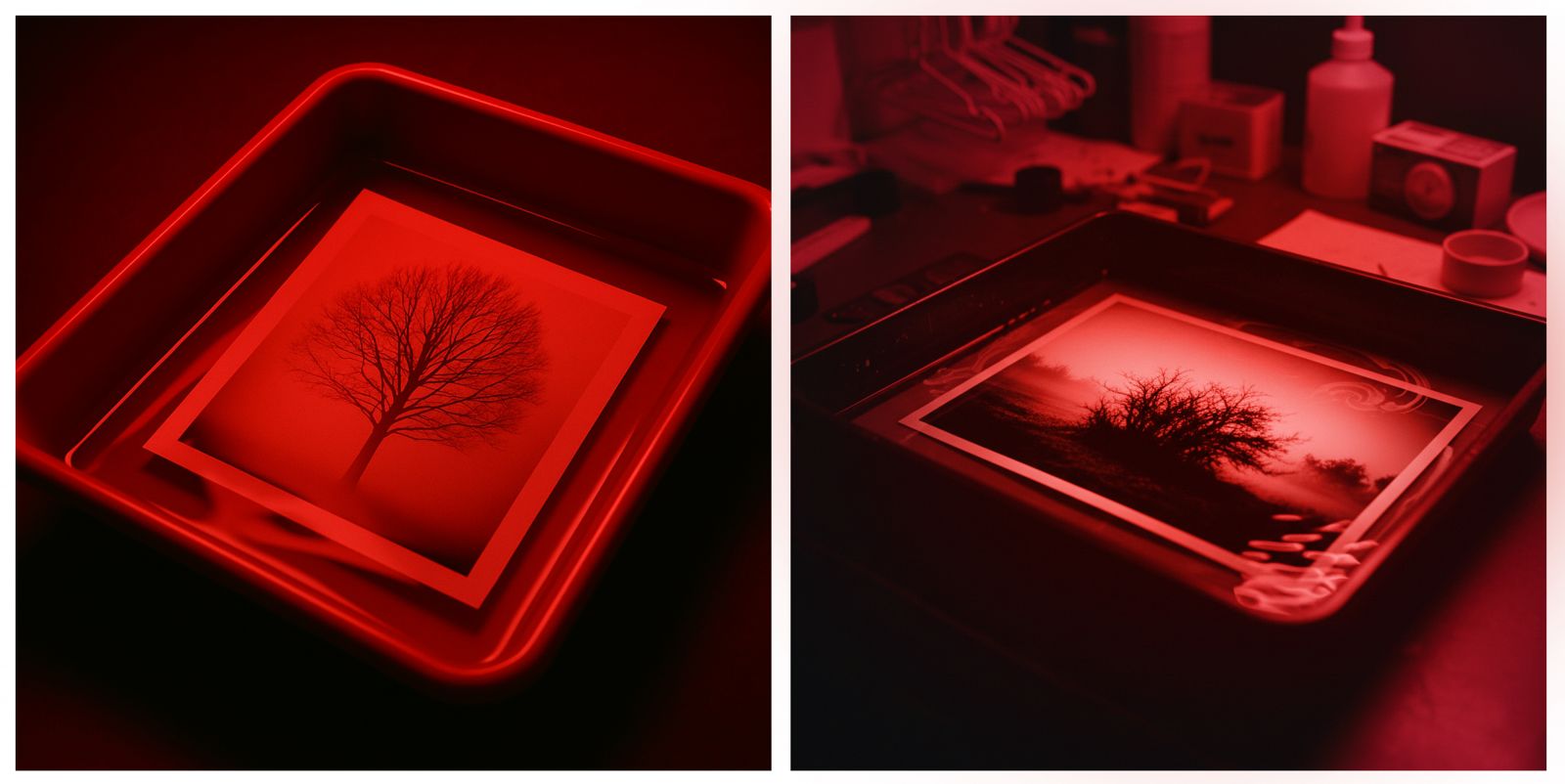 Una vista dell'interno della nostra camera oscura dedicata alla realizzazione al stampe bianco e nero ai sali di argento sviluppate a mano come quelle analogiche.