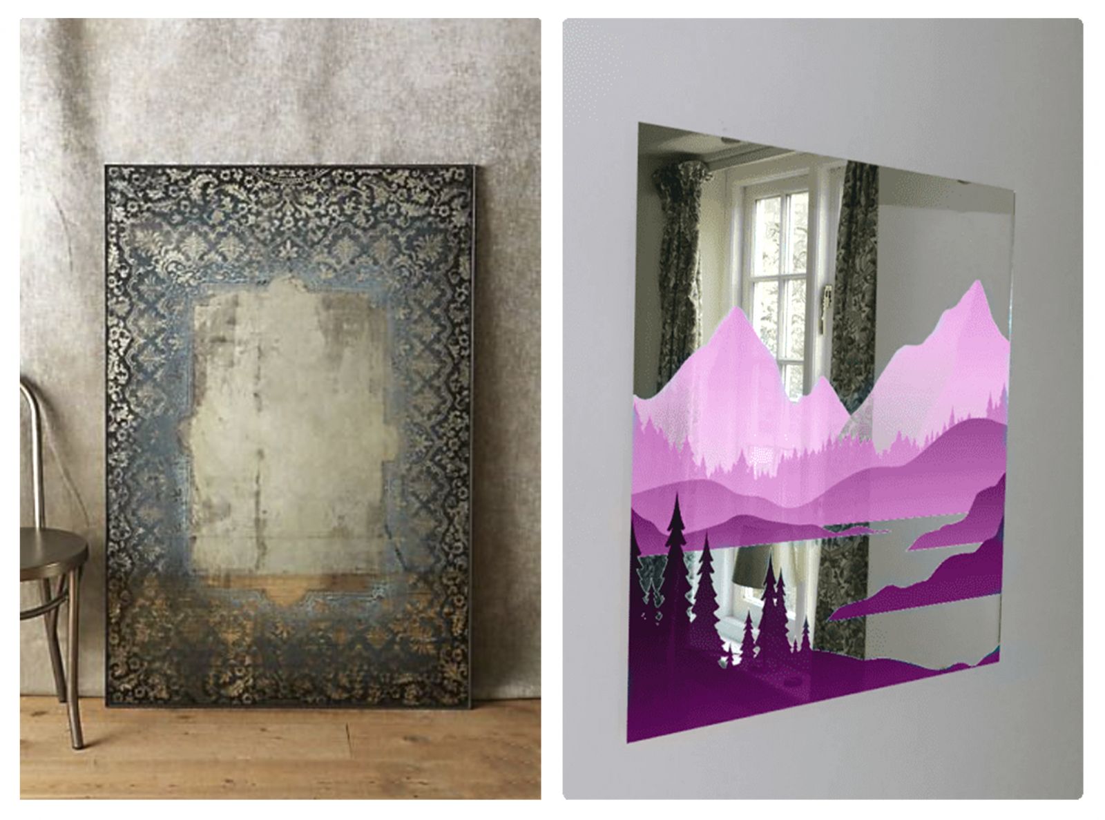 Alcuni esempi di stampa diretta su specchio. Le stampe eseguite con stampante piana a pigmenti Uv è in grado di riprodurre immagini com qualità fotografica anche su specchi e superfici riflettenti.